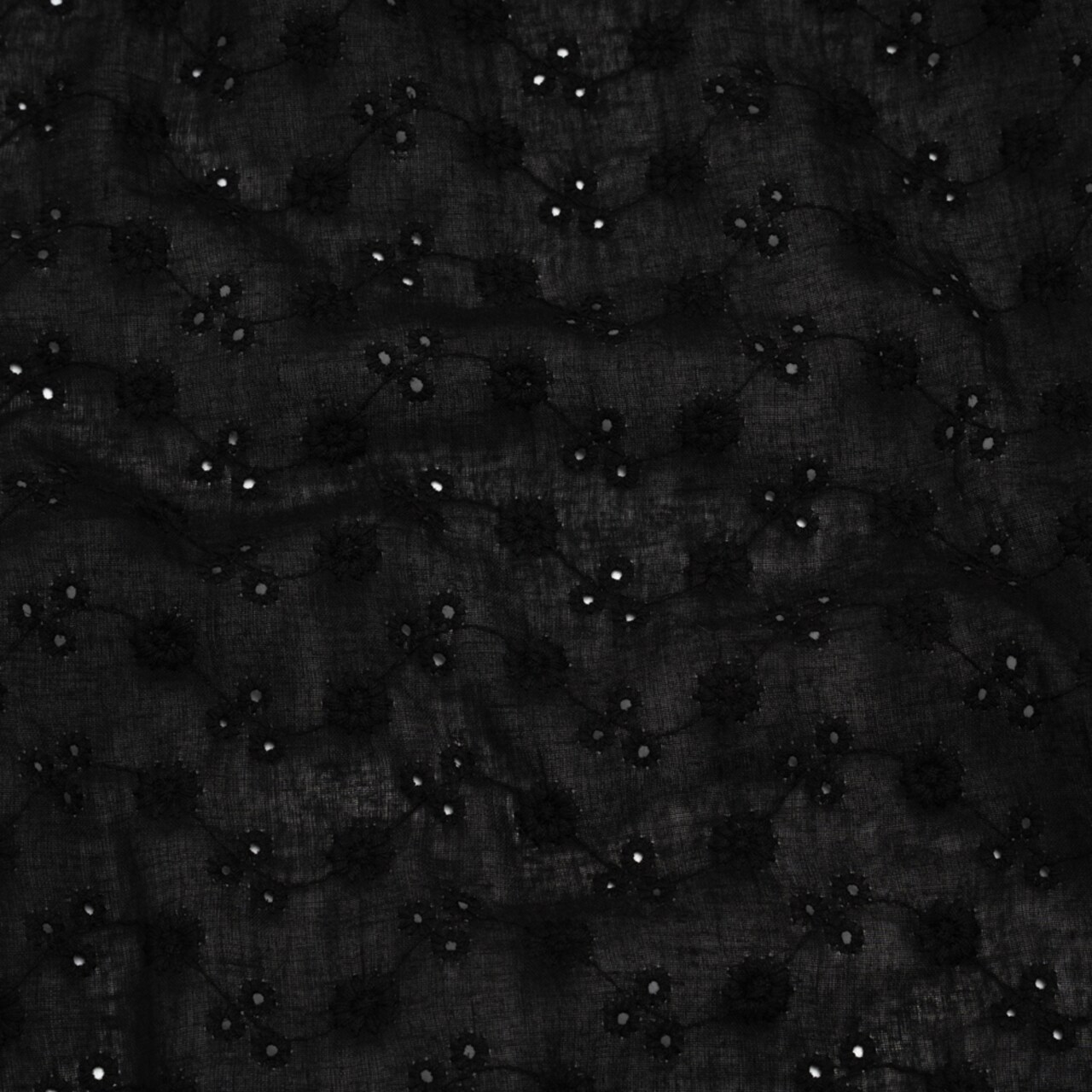 1 Yard Embroidered Eyelet Cotton Voile Black Little Flowers on Vines Fabric